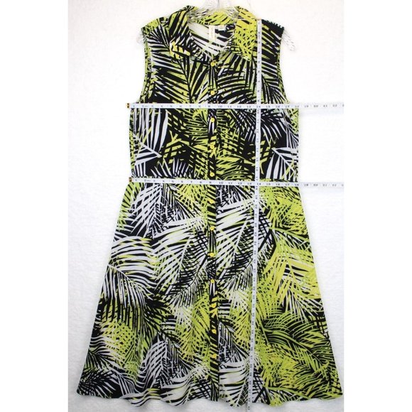 Tacera A-Line Button Down Dress Sleeveless Leaf Print Yellow Black - Picture 3 of 13